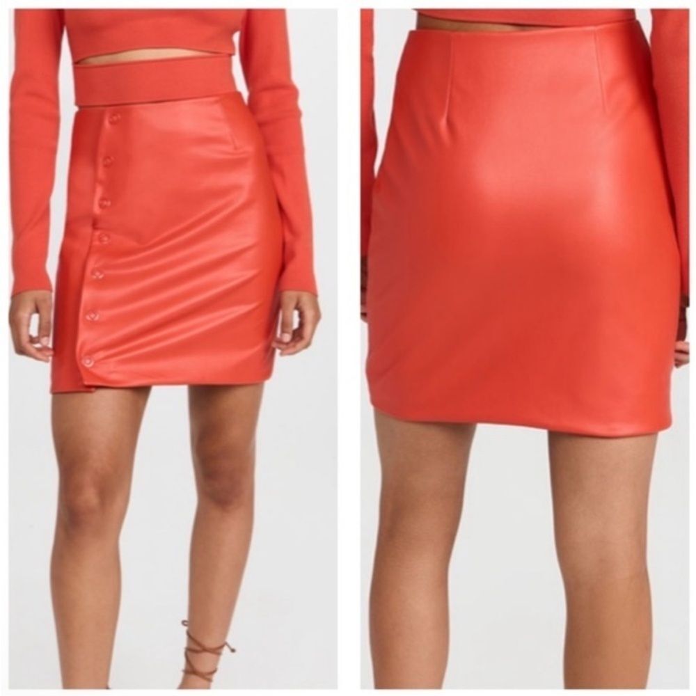 NWT Lapointe Poppy Red Orange Vegan Faux Leather Snap Front Mini Skirt size 4